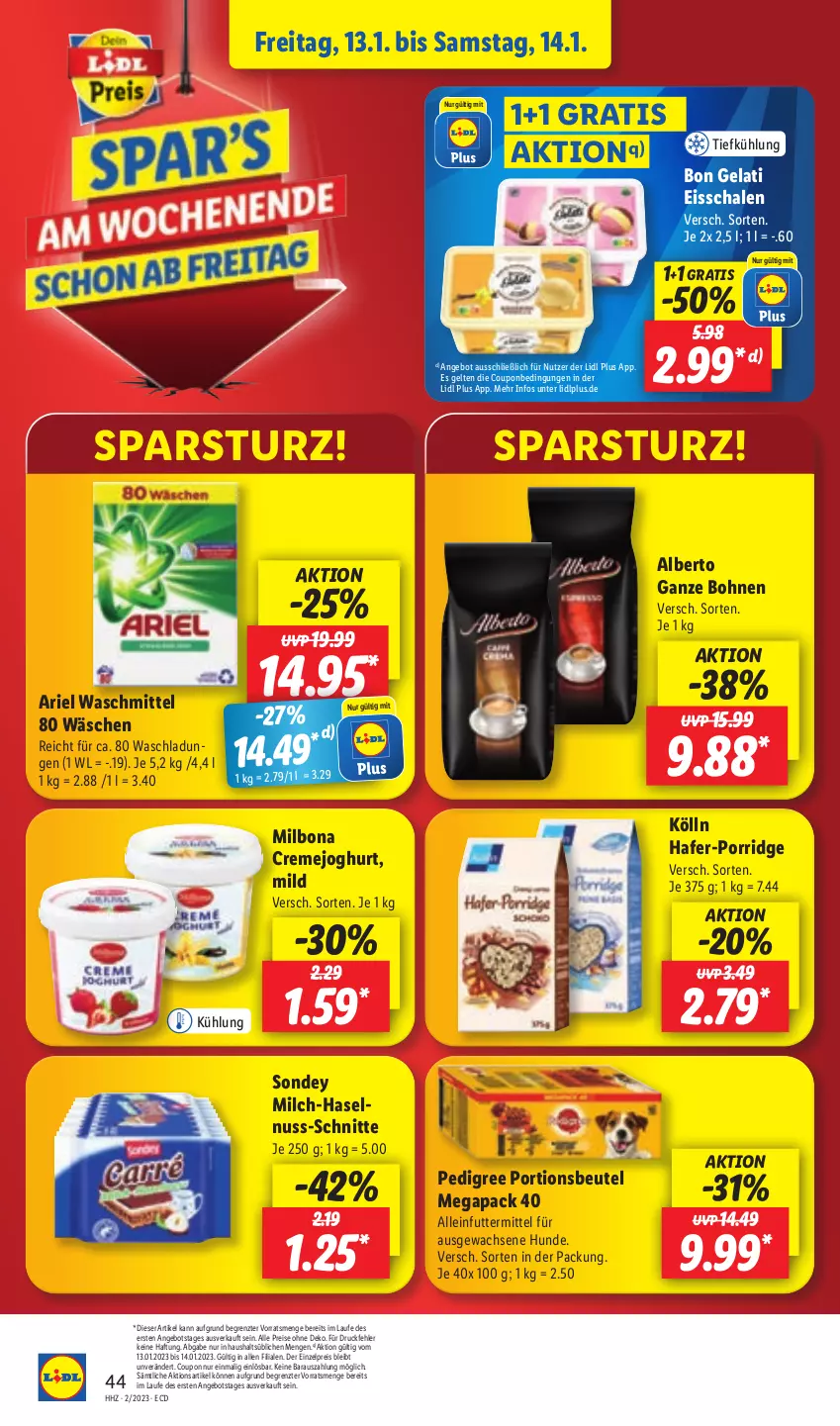 Aktueller Prospekt Lidl - Aktionsprospekt - von 09.01 bis 14.01.2023 - strona 46 - produkty: alleinfuttermittel, angebot, ariel, ariel waschmittel, beutel, bohne, bohnen, Bon Gelati, Bona, coupon, creme, drucker, eis, Engel, hafer, haselnuss, joghur, joghurt, kerze, kölln, Milbona, milch, nuss, papier, pedigree, porridge, portionsbeutel, reis, Schal, Schale, Sondey, Ti, waschmittel, ZTE