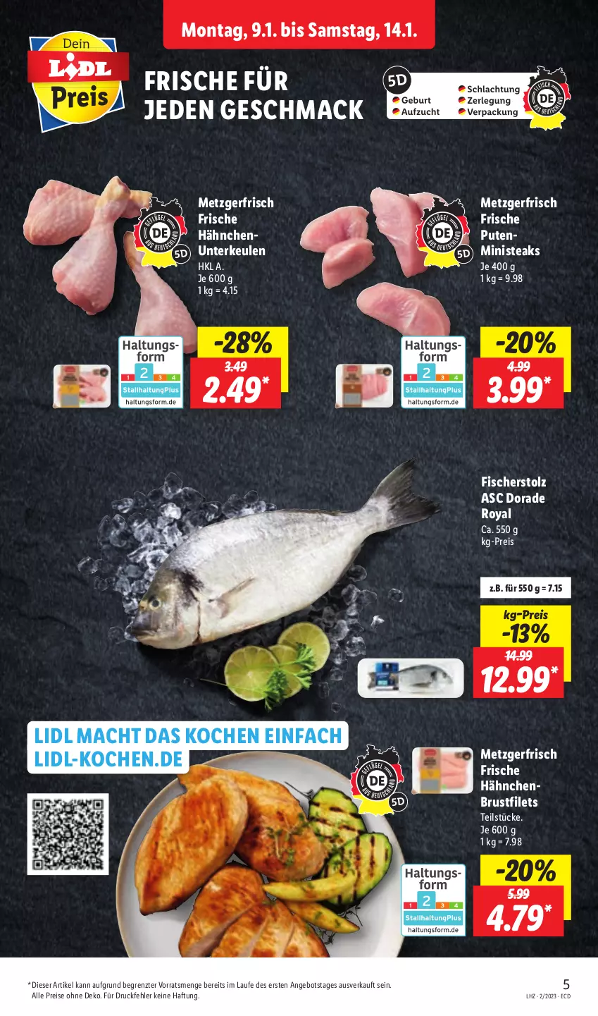 Aktueller Prospekt Lidl - Aktionsprospekt - von 09.01 bis 14.01.2023 - strona 5 - produkty: angebot, brustfilet, Dorade, dorade royal, eis, filet, filets, fisch, fische, Fischer, Frische Hähnchen, hähnchenbrust, hähnchenbrustfilet, mac, pute, reis, steak, steaks, Ti, ZTE