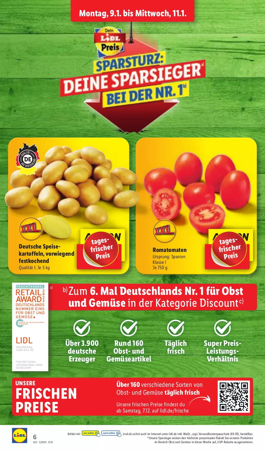 Aktueller Prospekt Lidl - Aktionsprospekt - von 09.01 bis 14.01.2023 - strona 6 - produkty: discount, eis, ente, kartoffel, kartoffeln, ndk, obst, Obst und Gemüse, reis, Romatomaten, Schal, Schale, speisekartoffeln, Ti, tomate, tomaten, und gemüse