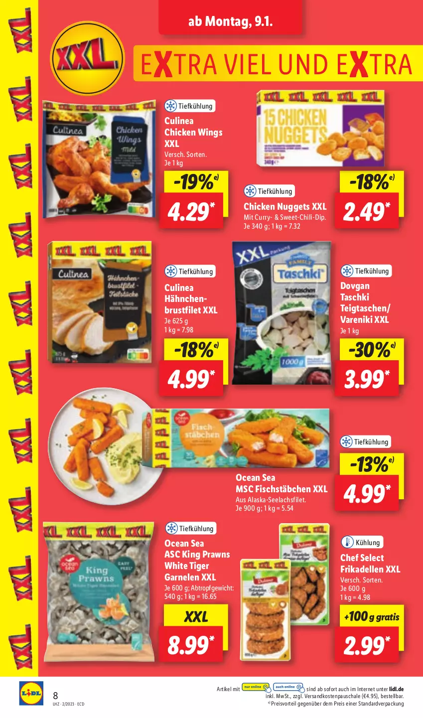 Aktueller Prospekt Lidl - Aktionsprospekt - von 09.01 bis 14.01.2023 - strona 8 - produkty: Alaska-Seelachs, Alaska-Seelachsfilet, brustfilet, chicken nuggets, chicken wings, chili, curry, dell, dip, dovgan, eis, elle, filet, fisch, fischstäbchen, frikadellen, garnelen, lachs, lachsfilet, ndk, nuggets, prawns, preisvorteil, reis, Schal, Schale, seelachsfilet, Tasche, taschen, taschki, Ti