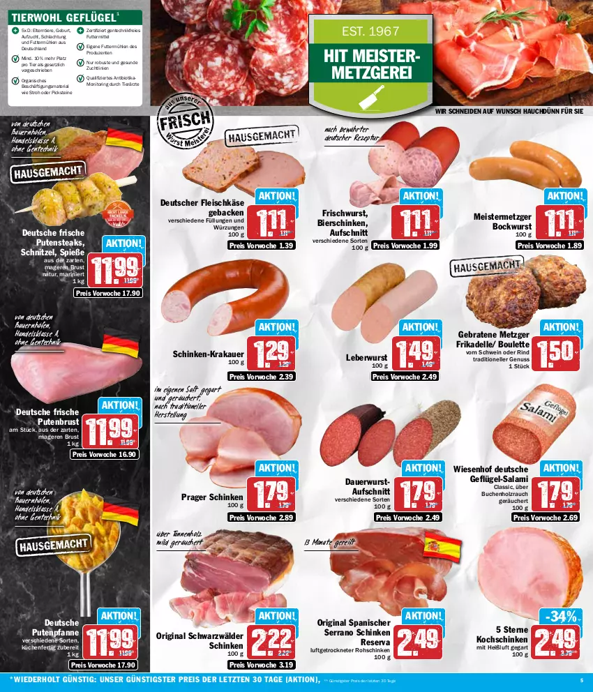 Aktueller Prospekt Hit - Wochenprospekt - von 18.03 bis 23.03.2024 - strona 5 - produkty: auer, aufschnitt, Bau, Bauer, bier, bierschinken, bio, bockwurst, braten, buch, dell, eis, elle, ente, fleisch, fleischkäse, geback, Geflügel, gin, Holz, Käse, kochschinken, krakauer, küche, Küchen, leberwurst, Meister, monitor, natur, nuss, pfanne, pute, putenbrust, putensteaks, Rauch, reis, rezept, Ria, rind, ring, rohschinken, saft, salami, schinken, schnitzel, schwarzwälder schinken, schwein, serrano, serrano schinken, steak, steaks, Ti, Tiere, wein, wiesenhof, wurst, ZTE