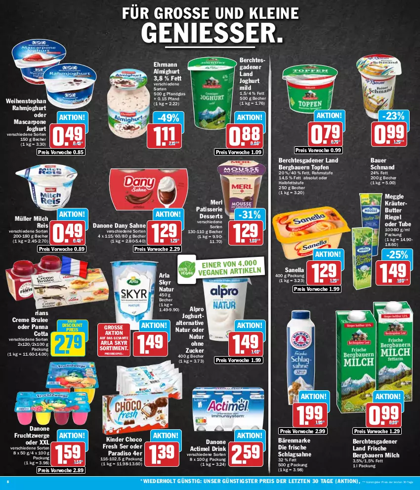 Aktueller Prospekt Hit - Wochenprospekt - von 18.03 bis 23.03.2024 - strona 8 - produkty: actimel, actimel drink, almighur, almighurt, alpro, arla, arla skyr, auer, bärenmarke, Bau, Bauer, Becher, butter, choco fresh, creme, danone, danone actimel drink, danone fruchtzwerge, Dany, dany sahne, dessert, desserts, discount, drink, ehrmann, ehrmann almighurt, eis, frucht, fruchtzwerge, joghur, joghurt, joghurt mild, Kinder, Kinder Choco fresh, kräuter, kräuterbutter, leine, mascarpone, meggle, merl, milch, Müller, natur, panna cotta, rahmjoghurt, reis, Ria, riegel, sahne, schlagsahne, schmand, Skyr, Ti, topf, Topfen, weihenstephan, ZTE, zucker