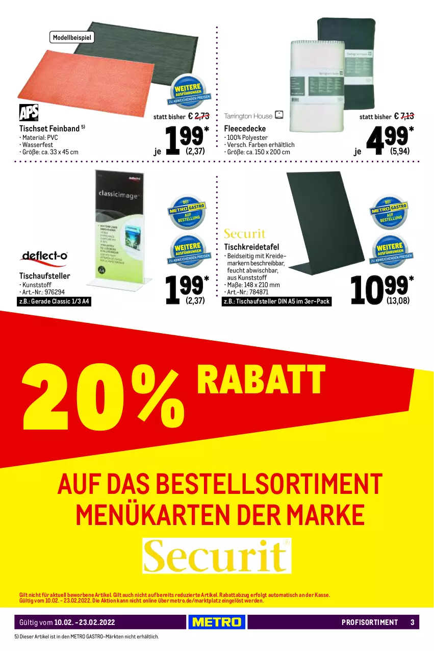 Aktueller Prospekt Metro - Gastronomie Spezial - von 10.02 bis 23.02.2022 - strona 3 - produkty: auto, decke, dell, eis, elle, erde, fleecedecke, Kreide, Kreidemarker, LG, Metro, metro gastro, Mode, Ria, teller, Ti, tisch, Tischset, wasser