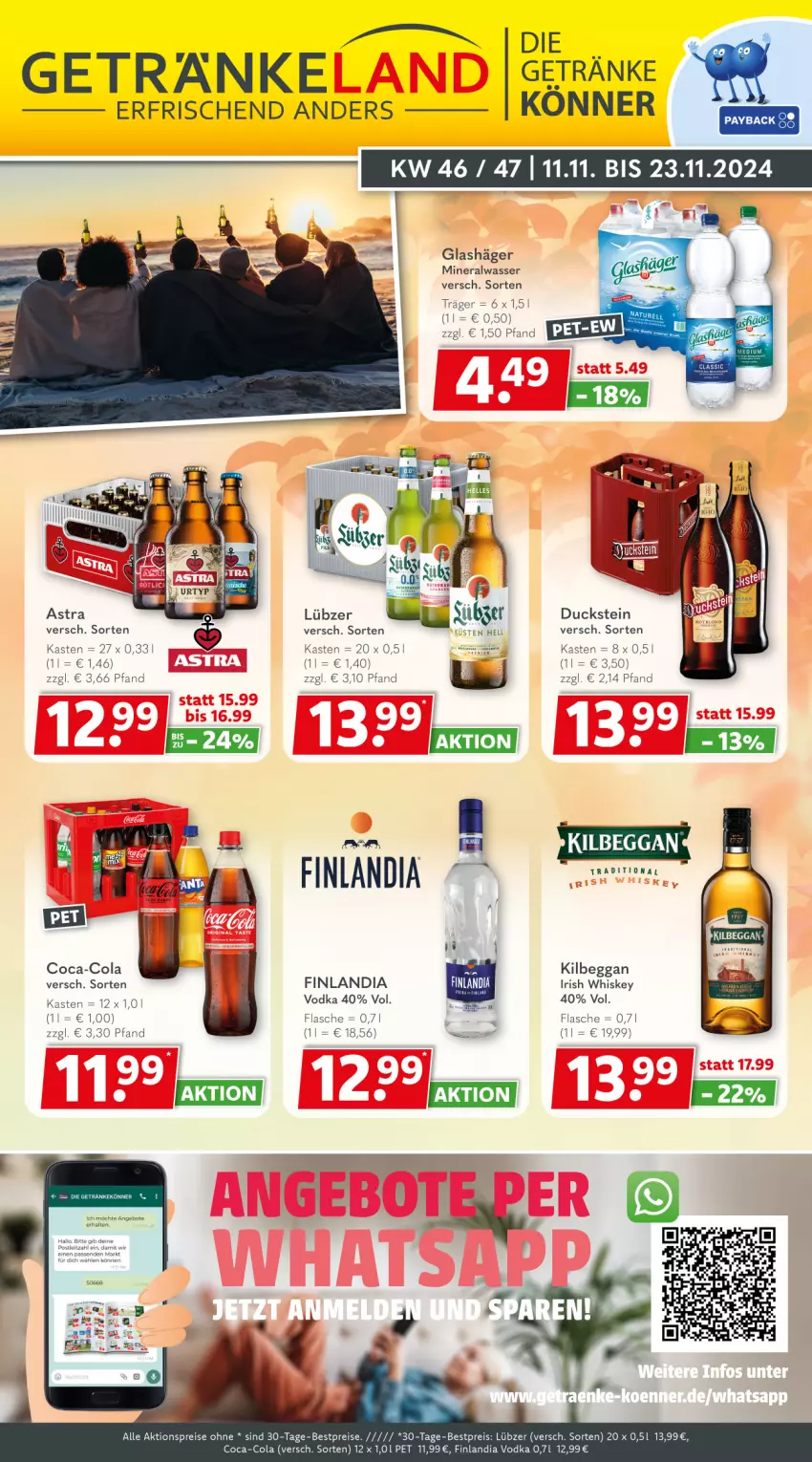 Aktueller Prospekt Getraenkeland - von 11.11 bis 23.11.2024 - strona 1 - produkty: aktionspreis, Alwa, angebot, angebote, Astra, bestpreis, bestpreise, coca-cola, cola, Duck, eis, flasche, getränk, getränke, irish whiskey, kilbeggan, leitz, Lübzer, mineralwasser, reis, Ti, vodka, wasser, whiskey