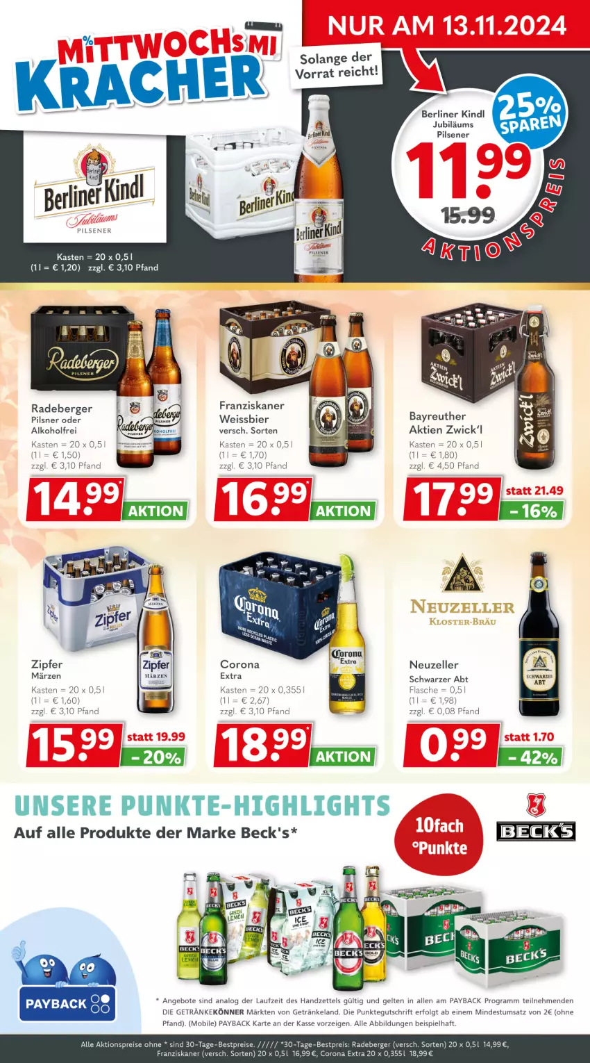 Aktueller Prospekt Getraenkeland - von 11.11 bis 23.11.2024 - strona 2 - produkty: aktionspreis, alkohol, angebot, angebote, beck's, Berger, berliner, berliner kindl, bestpreis, bestpreise, bier, corona, corona extra, eis, Elan, elle, flasche, franziskaner, getränk, getränke, Jubiläums, LG, payback, pils, pilsener, pilsner, radeberger, reis, Ti, weissbier, WICK, Zipfer