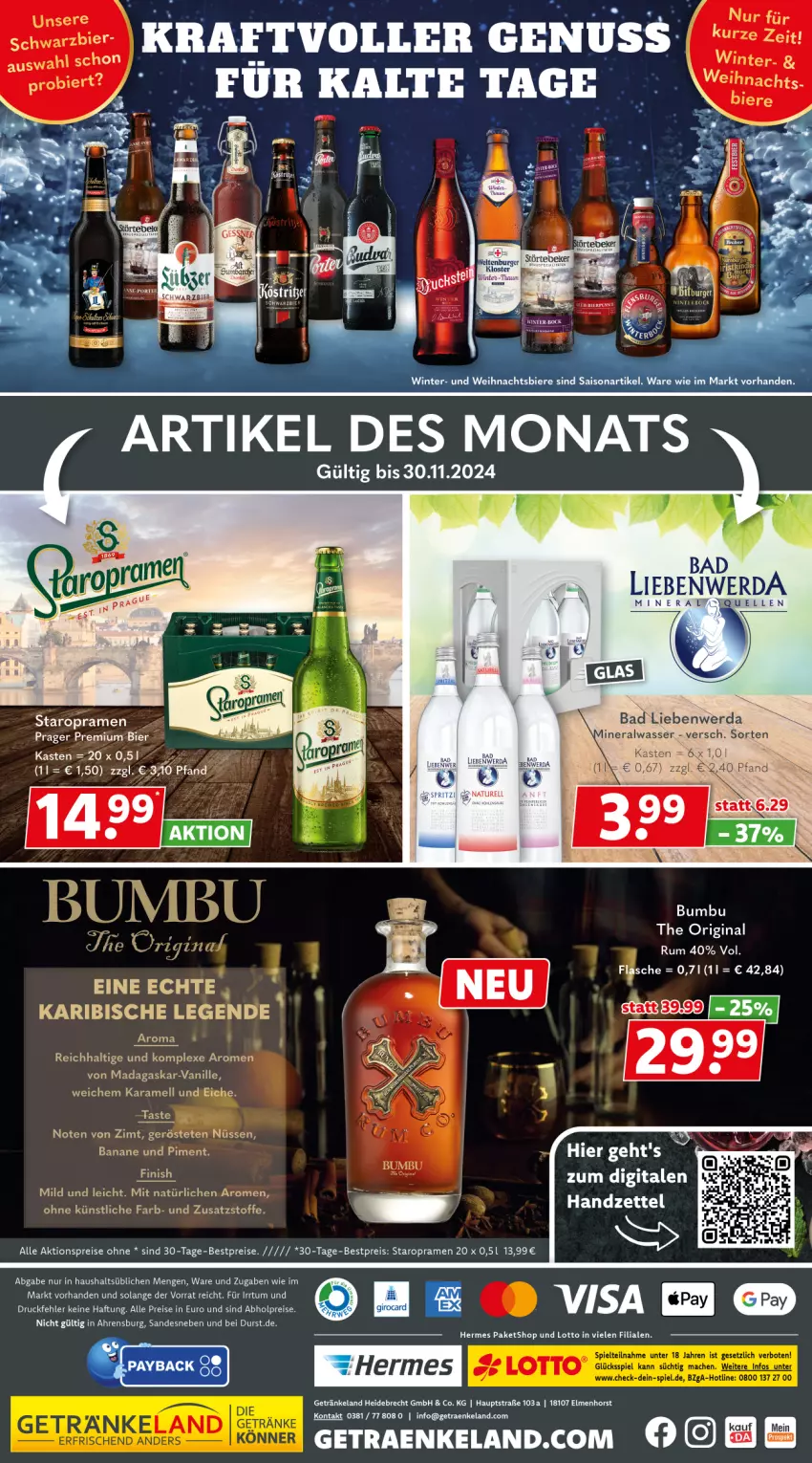 Aktueller Prospekt Getraenkeland - von 11.11 bis 23.11.2024 - strona 6 - produkty: abholpreise, aktionspreis, Alwa, Bad, Bad Liebenwerda, banane, bestpreis, bestpreise, bier, Bumbu, burger, eis, Elan, elle, Finish, flasche, getränk, getränke, gin, karamell, reis, rel, rum, Staropramen, Ti, vanille, wasser