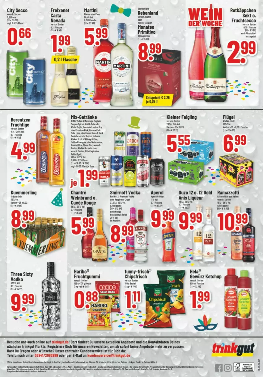 Aktueller Prospekt Trinkgut - Prospekte - von 05.02 bis 10.02.2024 - strona 6 - produkty: angebot, angebote, aperol, caipirinha, chips, chipsfrisch, ecco, elle, flasche, freixenet, frucht, fruchtgummi, fruchtsecco, funny-frisch, gewürz, haribo, Hela, ketchup, kleiner feigling, kuemmerling, leine, liqueur, Malibu, martini, merl, ouzo, ouzo 12, primitivo, rama, rotkäppchen, rouge, rum, sekt, smirnoff, telefon, Three Sixty, Ti, vodka, wein, weinbrand, wodka