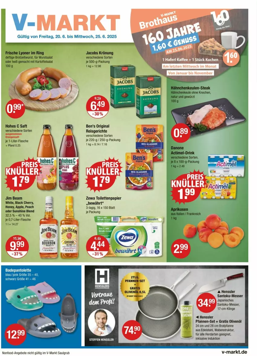 Aktueller Prospekt Vmarkt - Prospekte - von 20.06 bis 25.06.2025 - strona 1 - produkty: angebot, angebote, Apple, Bad, Ben’s Original, bratpfanne, edelstahl, eis, fisch, fische, flasche, gin, herdarten, Hohes C, jacobs, jacobs krönung, jim beam, lack, LG, messer, olive, oliven, olivenöl, pantolette, papier, pfanne, pfannen, pfannen-set, reis, saft, sunshine, Ti, toilettenpapier, zewa