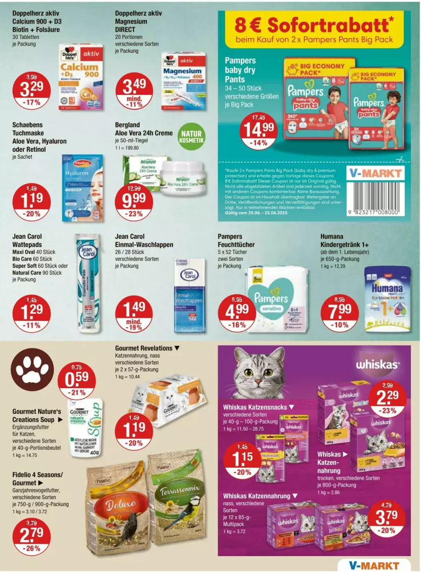 Aktueller Prospekt Vmarkt - Prospekte - von 20.06 bis 25.06.2025 - strona 11 - produkty: aloe vera, beutel, bio, creme, doppelherz, feuchttücher, getränk, hyaluron, Jean Carol, katzennahrung, katzensnack, katzensnacks, Kinder, magnesium, Maske, natur, natura, pampers, Pants, portionsbeutel, sac, Schaebens, snack, snacks, sofortrabatt, tablet, tablett, Tablette, Ti, tuc, tücher, tuchmaske, Vogelfutter, waschlappen, wattepads, whiskas