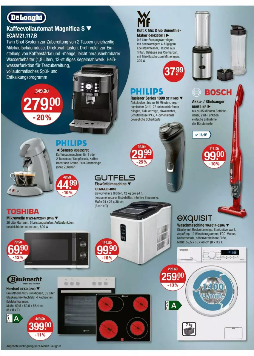 Aktueller Prospekt Vmarkt - Prospekte - von 20.06 bis 25.06.2025 - strona 14 - produkty: akku, aqua, aquastop, auer, auto, Bau, bauknecht, Behälter, bürste, bürsten, edelstahl, edelstahlmesser, eis, eiswürfel, elle, flasche, garraum, glaskeramik, glaskeramik-kochfeld, herdset, HP, kaffee, kaffeevollautomat, keramik-kochfeld, kochfeld, LG, messer, mikrowelle, milch, Philips, rasierer, senseo, smoothie, Stielsauger, tasse, tee, Ti, tisch, waschmaschine, wasser, würfel