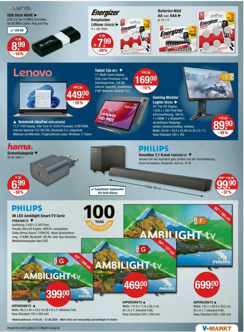 Aktueller Prospekt Vmarkt - Prospekte - von 20.06 bis 25.06.2025 - strona 15 - produkty: alexa, angebot, angebote, batterie, batterien, Brei, elle, energizer, fernbedienung, fernseher, gin, HDMI, ladegerät, leine, LG, Philips, soundbar, Subwoofer, tablet, tee, Ti, usb, usb stick