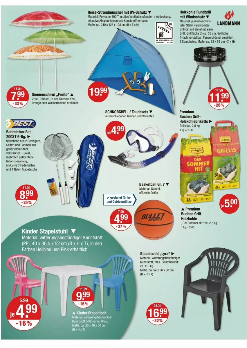 Aktueller Prospekt Vmarkt - Prospekte - von 20.06 bis 25.06.2025 - strona 16 - produkty: Bad, ball, briketts, buch, eis, elle, fenster, grill, grillfläche, grillrost, hering, Holz, holzkohle, Kinder, kiwi, leine, LG, melone, mint, orange, reis, Ria, ring, rundgrill, schüssel, sonnenschirm, stapelstuhl, stuhl, Tasche, Ti, tragetasche, uv-schutz, wasser, wassermelone, Windschutz