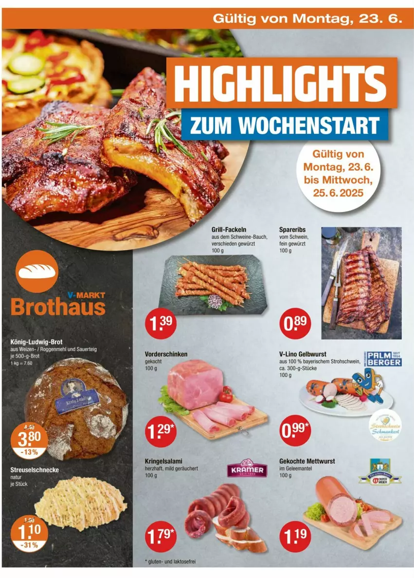 Aktueller Prospekt Vmarkt - Prospekte - von 20.06 bis 25.06.2025 - strona 18 - produkty: Bau, brot, gelee, gewürz, grill, grill-fackeln, je 500-g-brot, Mantel, Mett, mettwurst, natur, ring, salami, schinken, schwein, schweine, schweine-bauch, spareribs, wein, weine, wurst