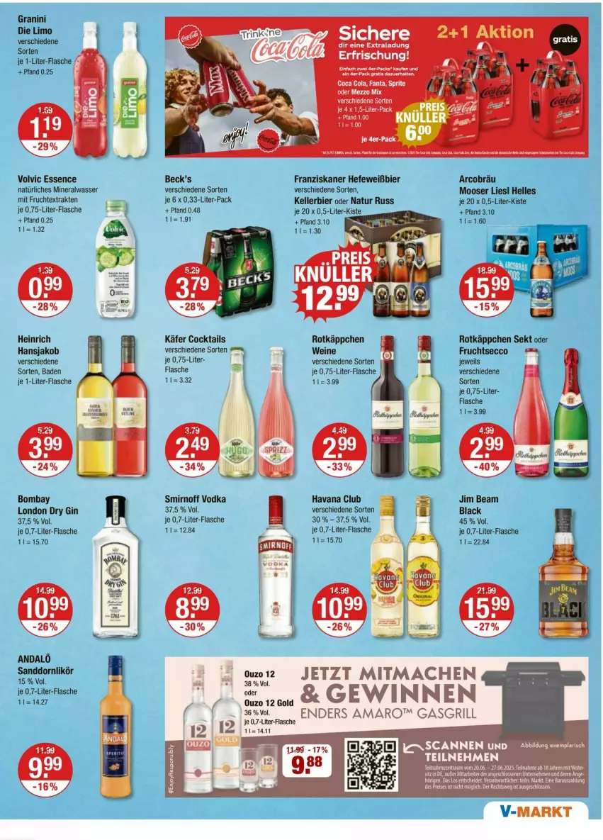 Aktueller Prospekt Vmarkt - Prospekte - von 20.06 bis 25.06.2025 - strona 9 - produkty: Alwa, amaro, Bad, bier, cocktail, cocktails, dry gin, ecco, elle, enders, flasche, franziskaner, frucht, fruchtsecco, gasgrill, gin, granini, grill, Havana Club, Hefe, jako, je 1-liter-flasche, jim beam, käfer, kellerbier, lack, london dry, london dry gin, mac, mineralwasser, mit frucht, natur, natürliches mineralwasser, rotkäppchen, sekt, smirnoff, tee, Ti, vodka, volvic, wasser, wein, weine