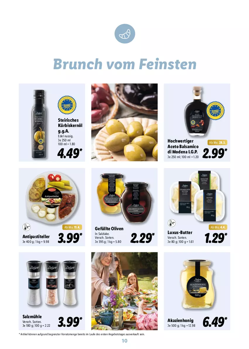 Aktueller Prospekt Lidl - Oster-Magazin - von 28.03 bis 17.04.2022 - strona 10 - produkty: aceto, aceto balsamico, angebot, antipasti, asti, balsam, balsamico, butter, elle, honig, Kürbis, Kürbiskernöl, Mode, nuss, olive, oliven, salz, Salzmühle, teller, Ti, ZTE