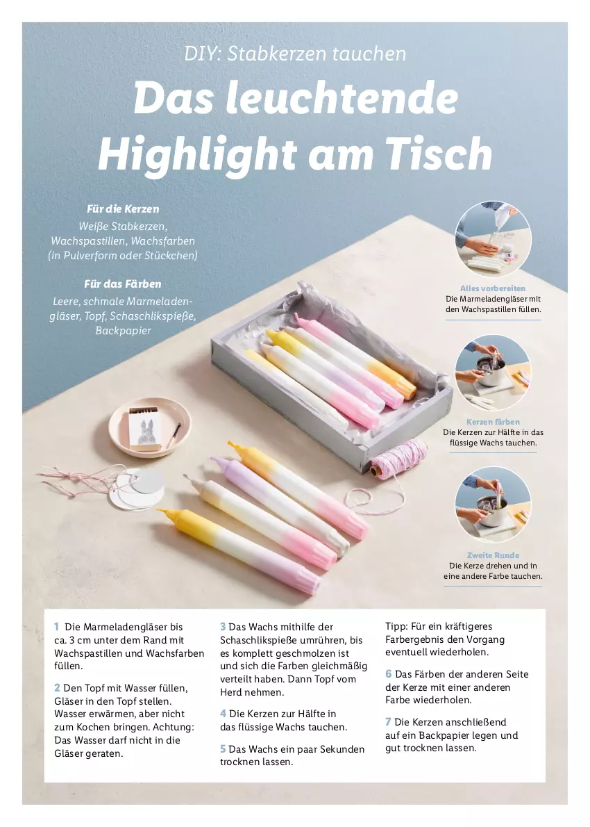 Aktueller Prospekt Lidl - Oster-Magazin - von 28.03 bis 17.04.2022 - strona 11 - produkty: asti, elle, Gläser, kerze, Leuchte, leuchten, marmelade, papier, ring, Stabkerze, Ti, tisch, topf, wasser