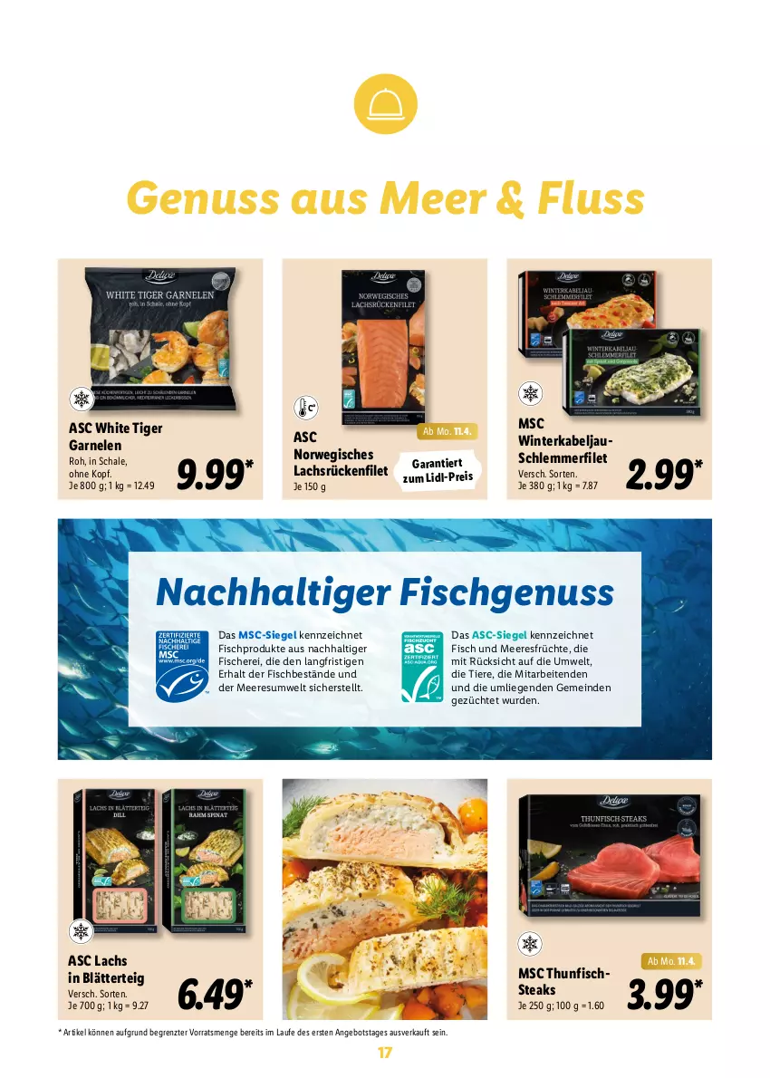 Aktueller Prospekt Lidl - Oster-Magazin - von 28.03 bis 17.04.2022 - strona 17 - produkty: angebot, blätterteig, eis, filet, fisch, Fisch und Meeresfrüchte, fische, Fischer, früchte, garnelen, lachs, Liege, meeresfrüchte, nuss, reis, rwe, Schal, Schale, Schere, schlemmerfilet, steak, steaks, thunfisch, Ti, Tiere, ZTE