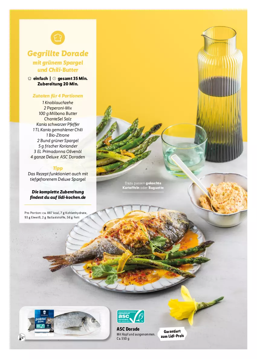 Aktueller Prospekt Lidl - Oster-Magazin - von 28.03 bis 17.04.2022 - strona 20 - produkty: baguette, ball, bio, Bona, butter, chili, Dorade, eis, grill, grüner spargel, kartoffel, kartoffeln, knoblauch, Koriander, Milbona, olive, oliven, olivenöl, peperoni, Peroni, pfeffer, reis, rezept, Ria, salz, spargel, Ti, zitrone