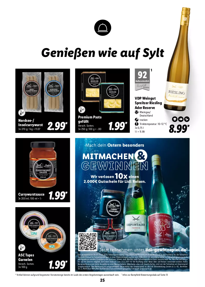 Aktueller Prospekt Lidl - Oster-Magazin - von 28.03 bis 17.04.2022 - strona 25 - produkty: angebot, Bad, buch, curry, currywurst, eis, erde, garnelen, gewinnspiel, gutschein, LG, mac, Nordsee, pasta, reis, riesling, rwe, sauce, Tapas, Ti, wein, wurst, ZTE