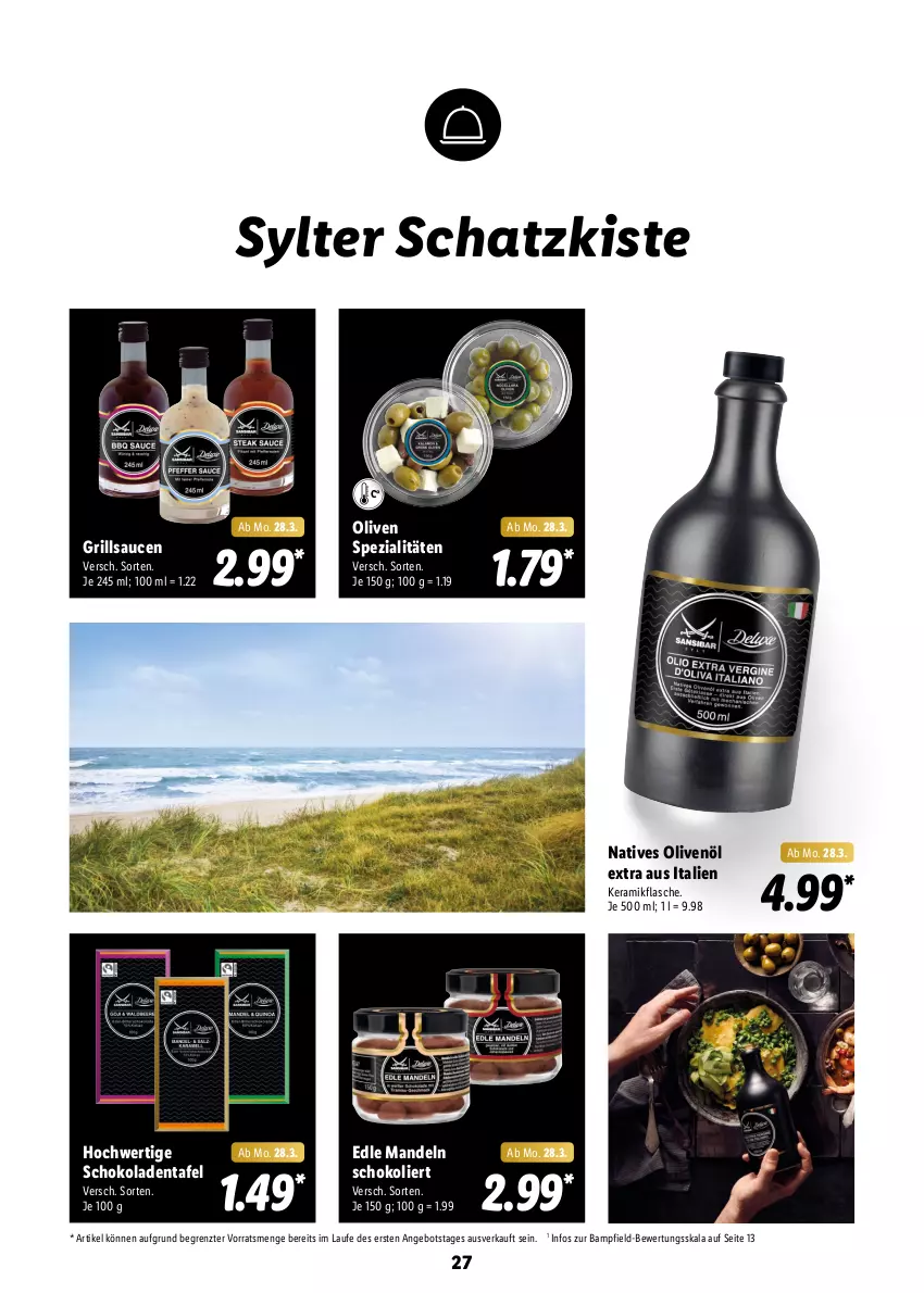 Aktueller Prospekt Lidl - Oster-Magazin - von 28.03 bis 17.04.2022 - strona 27 - produkty: angebot, flasche, grill, grillsauce, mandel, mandeln, natives olivenöl, olive, oliven, olivenöl, olivenöl extra, sauce, saucen, schoko, schokolade, schokoladen, Spezi, Sylter, Ti, ZTE