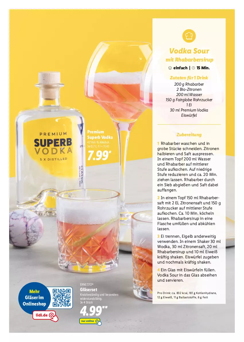 Aktueller Prospekt Lidl - Oster-Magazin - von 28.03 bis 17.04.2022 - strona 29 - produkty: alkohol, ball, bier, Biere, bio, bio-zitronen, drink, eis, eiswürfel, ernesto, flasche, Gläser, premium vodka, rhabarber, rohrzucker, rwe, saft, shake, sirup, Ti, topf, vodka, wasser, wodka, würfel, zitrone, zitronen, zitronensaft, zucker