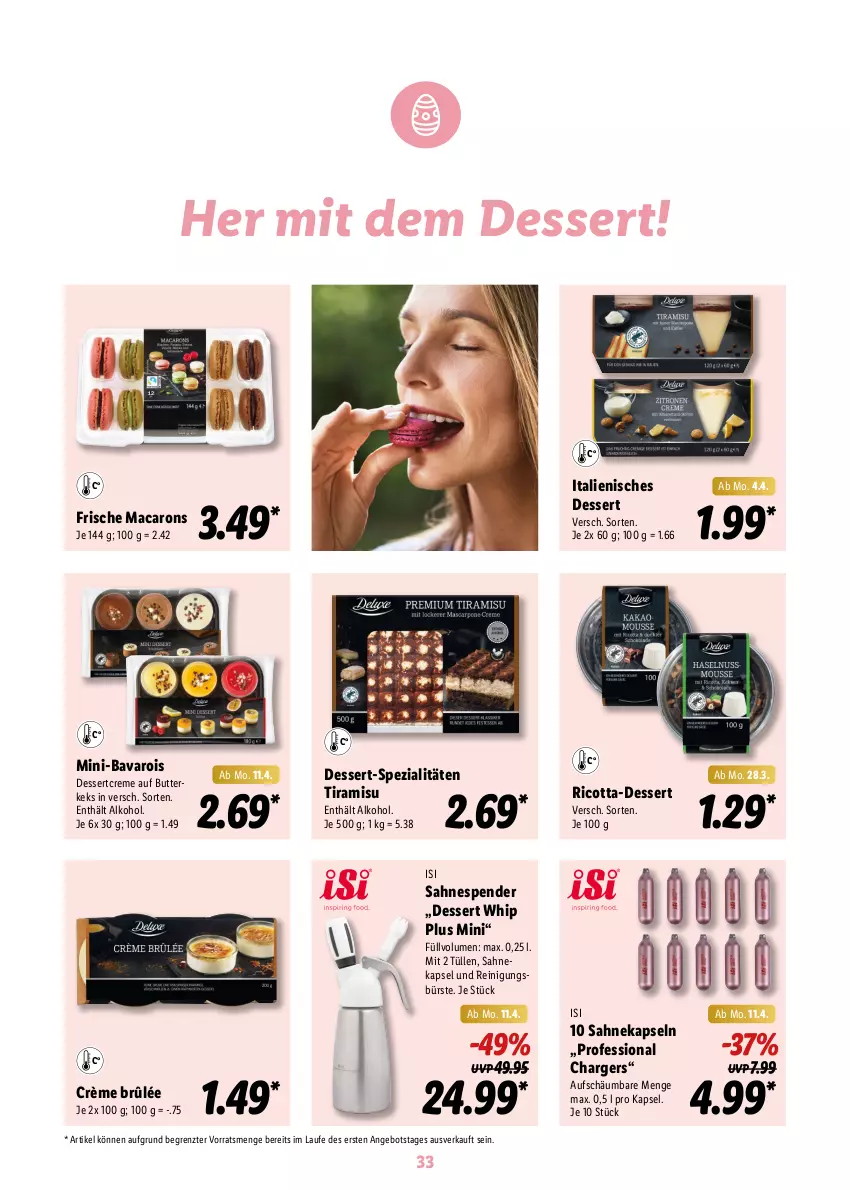 Aktueller Prospekt Lidl - Oster-Magazin - von 28.03 bis 17.04.2022 - strona 33 - produkty: alkohol, angebot, bürste, butter, creme, Crème Brûlée, dessert, Italienisches Dessert, keks, mac, Macarons, Reinigung, ricotta, sahne, Spezi, Ti, tiramisu, ZTE