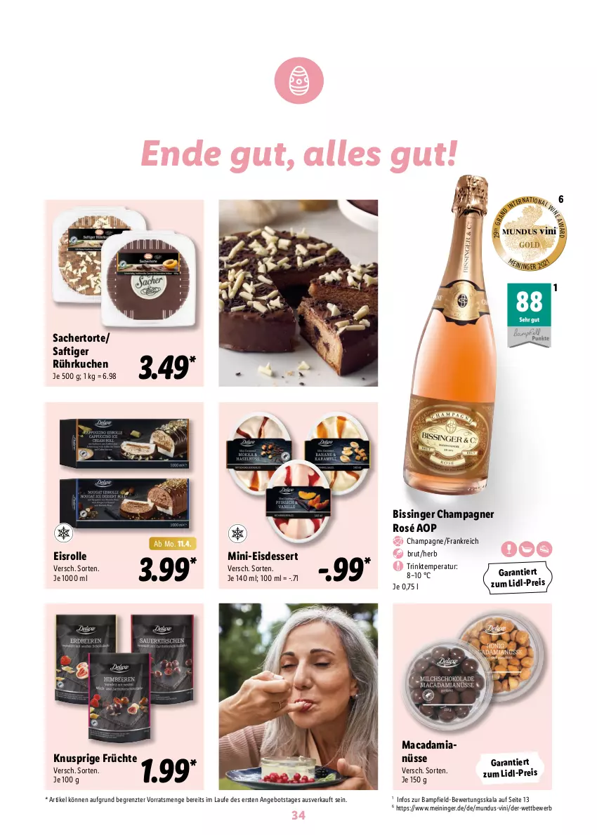 Aktueller Prospekt Lidl - Oster-Magazin - von 28.03 bis 17.04.2022 - strona 34 - produkty: angebot, brut, champagne, champagner, dessert, eis, früchte, kuchen, mac, macadamia, reis, sac, saft, Ti, torte, ZTE