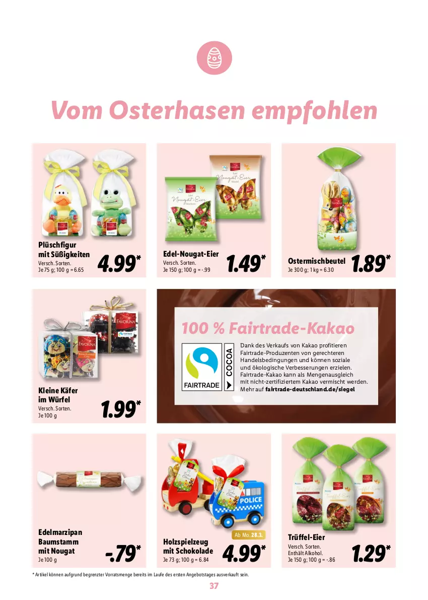 Aktueller Prospekt Lidl - Oster-Magazin - von 28.03 bis 17.04.2022 - strona 37 - produkty: alkohol, angebot, Bau, beutel, Edelmarzipan, eier, ente, erde, Holz, käfer, kakao, leine, marzipan, Plüsch, schoko, schokolade, spielzeug, Ti, Tiere, Trüffel, würfel, ZTE