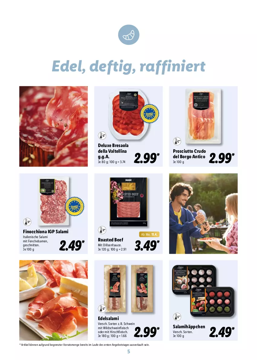 Aktueller Prospekt Lidl - Oster-Magazin - von 28.03 bis 17.04.2022 - strona 5 - produkty: angebot, beef, Bresaola, dell, Edelsalami, eis, fenchel, fleisch, prosciutto, prosciutto crudo, resa, salami, sauce, schnitten, schwein, senf, Ti, wein, Wild, Wildschwein, ZTE