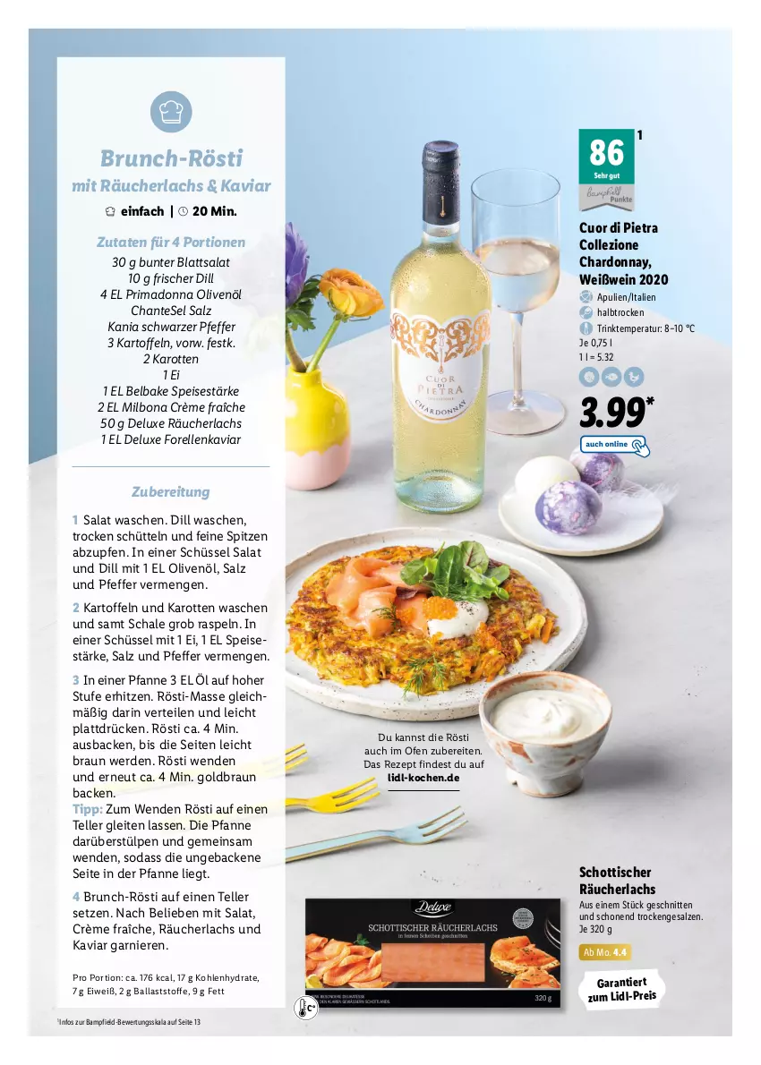 Aktueller Prospekt Lidl - Oster-Magazin - von 28.03 bis 17.04.2022 - strona 8 - produkty: ball, Bona, braun, chardonnay, crème fraîche, eis, elle, erde, forelle, garnier, geback, karotten, kartoffel, kartoffeln, lachs, Milbona, Ofen, olive, oliven, olivenöl, pfanne, pfeffer, Räucherlachs, reis, rel, rezept, salat, salz, Schal, Schale, schnitten, schott, schüssel, Soda, teller, Ti, tisch, usb, wein, Weißwein