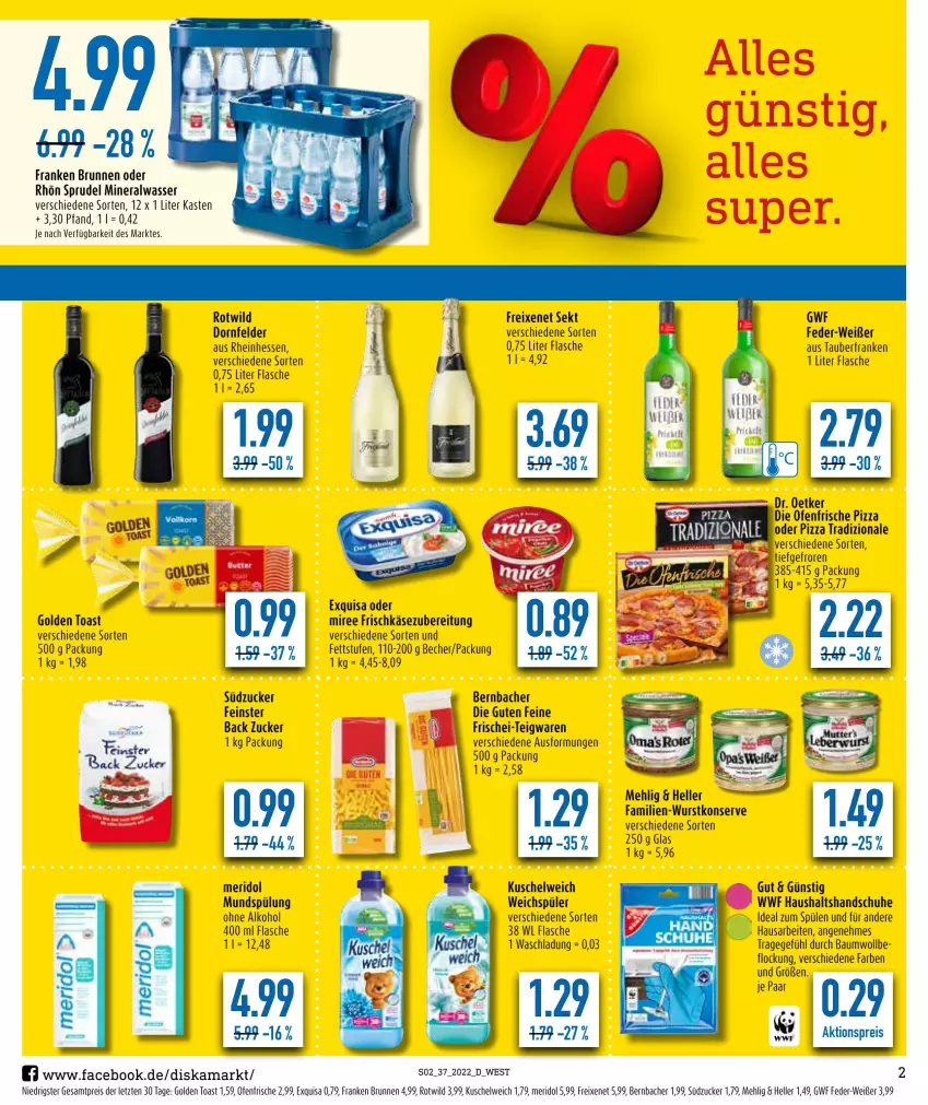 Aktueller Prospekt Diska - Prospekte - von 12.09 bis 17.09.2022 - strona 2 - produkty: aktionspreis, alkohol, Alwa, Bau, Becher, bernbacher, brunnen, die ofenfrische, dornfelder, Dr. Oetker, eis, elle, flasche, franken brunnen, freixenet, frischkäse, frischkäsezubereitung, golden toast, handschuhe, Käse, Kuschelweich, mehl, meridol, mineralwasser, miree, mundspülung, Ofen, ohne alkohol, pizza, pizza tradizionale, reis, schuhe, sekt, Sprudel, Spülen, spülung, südzucker, teigwaren, Ti, toast, tradizionale, wasser, weichspüler, Wild, wurst, ZTE, zucker