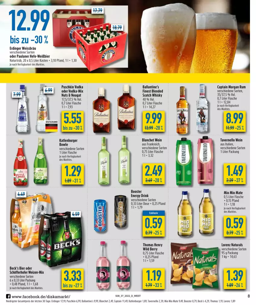 Aktueller Prospekt Diska - Prospekte - von 12.09 bis 17.09.2022 - strona 8 - produkty: ball, bier, bowle, burger, Cap, captain morgan, drink, eis, energy drink, erdinger, flasche, Hefe, katlenburger, lorenz, Mio Mio, natur, natura, Paula, paulaner, puschkin vodka, reis, rum, schöfferhofer, scotch, scotch whisky, thomas henry, Ti, vernel, vodka, wein, whisky, Wild, wild berry, ZTE