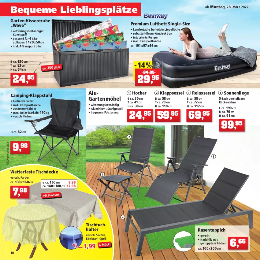 Aktueller Prospekt Thomas Philipps - Prospektwerbung - von 28.03 bis 02.04.2022 - strona 10 - produkty: akku, Bank, bett, decke, edelstahl, eis, ente, fernbedienung, Garten, gartenbank, gartenmöbel, getränk, getränke, getränkehalter, hängematte, hocker, Holz, kissen, klappsessel, klappstuhl, Lampe, LG, Liege, luftbett, möbel, natur, pavillon, rasen, rel, relaxsessel, Ria, rückenlehne, sessel, Sitzauflage, sitzkissen, Sofa, sonnenliege, Sport, sporttasche, stuhl, Tasche, teppich, Ti, tisch, tischdecke, tuc, wasser