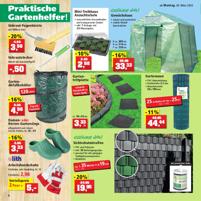 Aktueller Prospekt Thomas Philipps - Prospektwerbung - von 28.03 bis 02.04.2022 - strona 6 - produkty: Behälter, blume, blumen, blumenerde, bürste, Clogs, decke, Deckel, Draht, dünger, eis, elle, ente, erde, Fugenbürste, Garten, Gewächshaus, handschuhe, Kraut, latte, LG, magnesium, Mantel, natur, passend für alle, Pellets, pflanze, pflanzerde, rasen, reifen, reis, rind, rindenmulch, rinder, sac, Schal, Schale, schuhe, Ti, tisch, usb, vorteilspreis, wasser