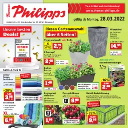 Gazetka promocyjna Thomas Philipps - Prospektwerbung - Gazetka - ważna od 02.04 do 02.04.2022 - strona 1 - produkty: apfel, Bau, baumwolle, beere, beeren, bett, blume, blumen, dünger, eis, Garten, henkel, himbeer, himbeere, himbeeren, johannisbeere, Johannisbeeren, kirsch, kirsche, obst, pflanze, pflanzen, Pflanztopf, reis, rwe, spannbettlaken, Stachelbeeren, strandtuch, Ti, topf, tuc, wolle