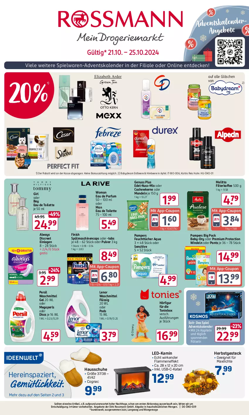 Aktueller Prospekt Rossmann - Prospekte - von 21.10 bis 25.10.2024 - strona 1 - produkty: Adventskalender, Alwa, Always, angebot, angebote, apfel, aqua, baby-dry, babydream, beere, bio, Cap, Cashew, cashewkerne, Cognac, coupon, decke, Discreet, disney, Eau de parfum, eau de toilette, eis, erdbeere, feuchttücher, filterkaffee, Finish, Hausschuhe, himbeer, himbeere, kaffee, Kamin, Kürbis, lack, lamm, lenor, lenor waschmittel, LG, mandel, mandeln, megaperls, melitta, nuss, pampers, Pants, parfum, persil, persil waschmittel, Pods, reis, schuhe, spielwaren, spülmaschinen, Ti, Toniebox, tücher, usb, waschmittel, windeln, windeln oder pants