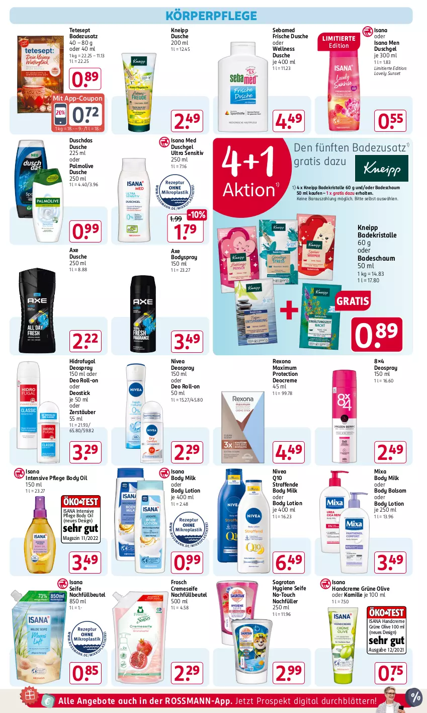 Aktueller Prospekt Rossmann - Prospekte - von 21.10 bis 25.10.2024 - strona 10 - produkty: angebot, angebote, axe, Bad, Badekristalle, balsam, beutel, body, body lotion, body milk, bodyspray, coupon, creme, cremeseife, deo, deo roll-on, Deocreme, deospray, deospray 150 ml, Deostick, duschdas, dusche, duschgel, Frosch, handcreme, isana, Kamill, kamille, kneipp, körperpflege, Lotion, magazin, Mixa, nivea, oder deo roll-on, olive, palmolive, Q10, rexona, roll-on, sagrotan, sana, sebamed, Seife, Ti