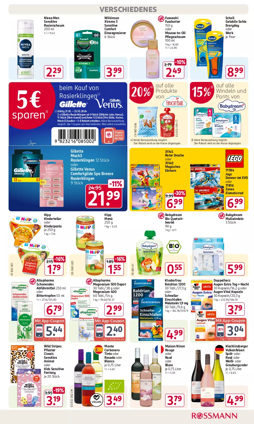 Aktueller Prospekt Rossmann - Prospekte - von 21.10 bis 25.10.2024 - strona 11 - produkty: Altapharma, babydream, Berger, beutel, bio, bree, burgunder, butter, coupon, doppelherz, einwegrasierer, eis, elle, fanta, Fusswohl, gillette, gillette venus, grauburgunder, hipp, Kinder, mac, mach3, magnesium, magnesium 400, mais, monte, mousse, Mullwindel, nero, nivea, Nivea Men, Pants, pasta, pflaster, quetschbeutel, rasierer, Rasierklinge, rasierklingen, Rasierschaum, Ria, rouge, scholl, teller, Ti, venus, vita, Wild, wilkinson, windeln