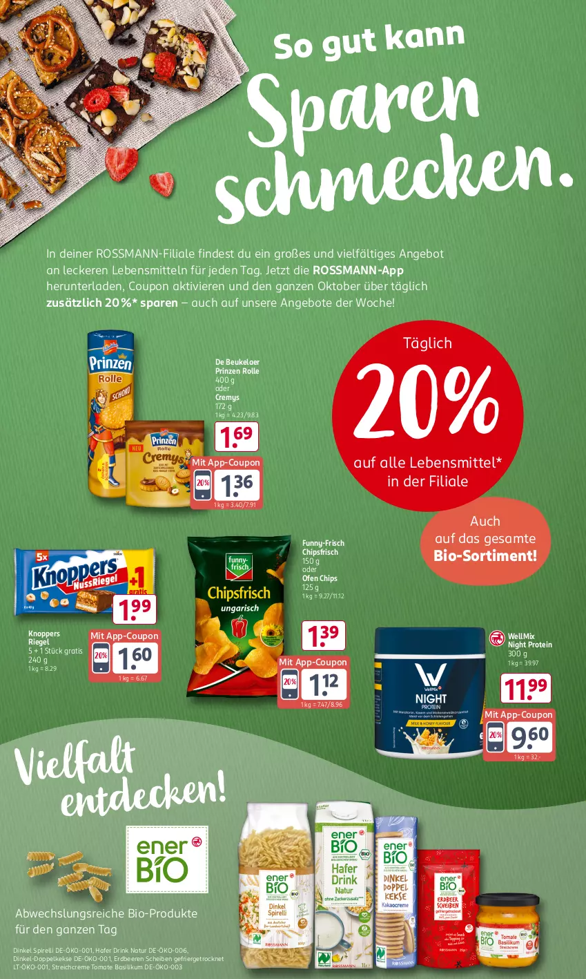 Aktueller Prospekt Rossmann - Prospekte - von 21.10 bis 25.10.2024 - strona 12 - produkty: angebot, angebote, basilikum, beere, beeren, bio, chips, chipsfrisch, coupon, creme, cremys, de beukelaer, Doppelkekse, drink, erdbeere, erdbeeren, funny-frisch, hafer, keks, kekse, knoppers, lebensmittel, natur, Ofen, prinzen rolle, rel, riegel, Ti, tomate