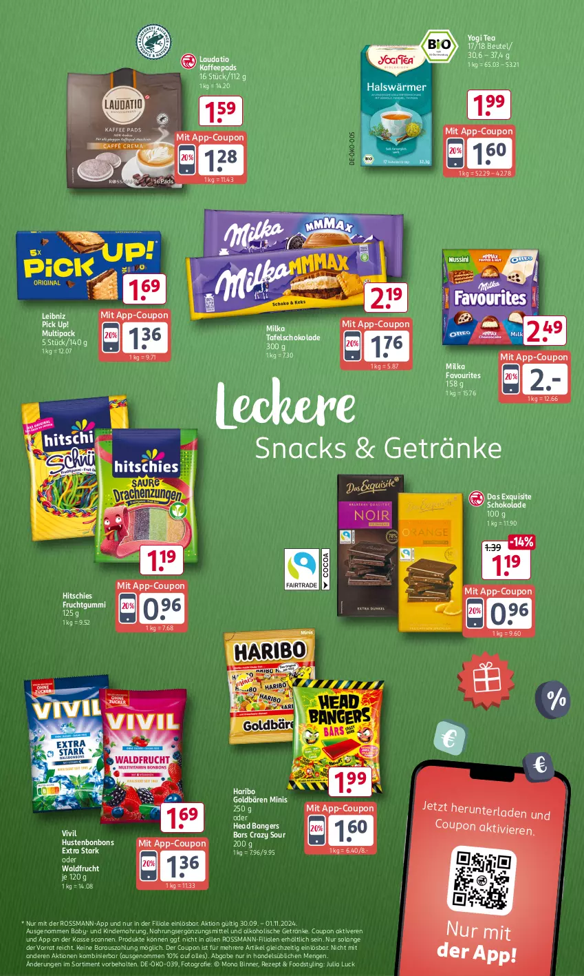 Aktueller Prospekt Rossmann - Prospekte - von 21.10 bis 25.10.2024 - strona 13 - produkty: alkohol, alkoholische getränke, beutel, bonbons, coupon, frucht, fruchtgummi, getränk, getränke, goldbären, haribo, Hustenbonbons, kaffee, kaffeepads, Kinder, Kindernahrung, leibniz, milka, Pick Up!, rezept, schoko, schokolade, snack, snacks, tafelschokolade, Ti, Yo