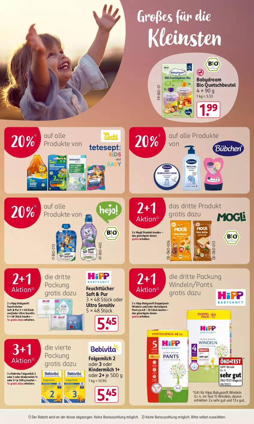 Aktueller Prospekt Rossmann - Prospekte - von 21.10 bis 25.10.2024 - strona 20 - produkty: babydream, bebivita, beutel, bio, feuchttücher, folgemilch, hipp, Kinder, kindermilch, LG, magazin, milch, Pants, quetschbeutel, Ti, tücher, vita, windeln