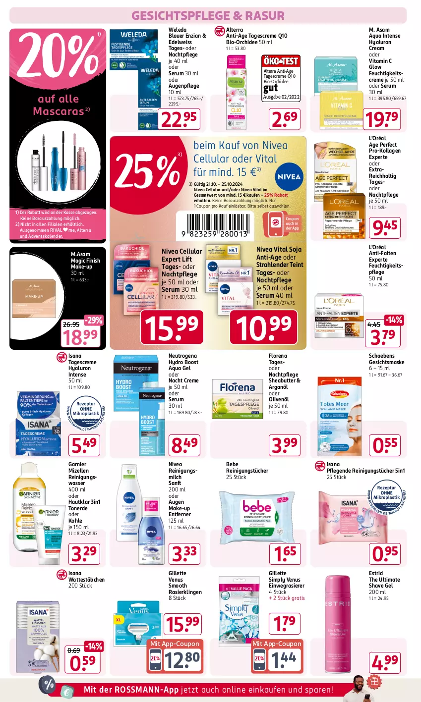 Aktueller Prospekt Rossmann - Prospekte - von 21.10 bis 25.10.2024 - strona 8 - produkty: Adventskalender, alterra, anti-falten experte, aqua, auer, Augenpflege, Bebe, bio, butter, coupon, creme, Edelweiss, einwegrasierer, eis, elle, erde, feuchtigkeitscreme, feuchtigkeitspflege, Finish, garnier, Gesichtsmaske, gesichtspflege, gillette, gillette venus, gsw, hyaluron, isana, Kollagen, M.ASAM, Make-up, Mascara, Maske, milch, mizellen, Mizellen Reinigungswasser, nachtpflege, neutrogena, nivea, olive, oliven, olivenöl, orchidee, Q10, rasierer, Rasierklinge, rasierklingen, Reinigung, Reinigungsmilch, reinigungstücher, rum, sana, Schaebens, Serum, Sheabutter, sim, soja, tagescreme, Ti, Toner, tücher, venus, vita, Vitamin C, wasser, Wattestäbchen, weleda