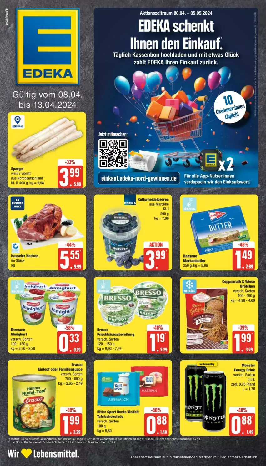 Aktueller Prospekt Edeka - Prospekte - von 06.04 bis 13.04.2024 - strona 1 - produkty: butter, deka, eintopf, eis, erasco, lebensmittel, markenbutter, marzipan, reis, ritter, ritter sport, schoko, schokolade, Sport, suppe, tafelschokolade, Ti, topf, ZTE