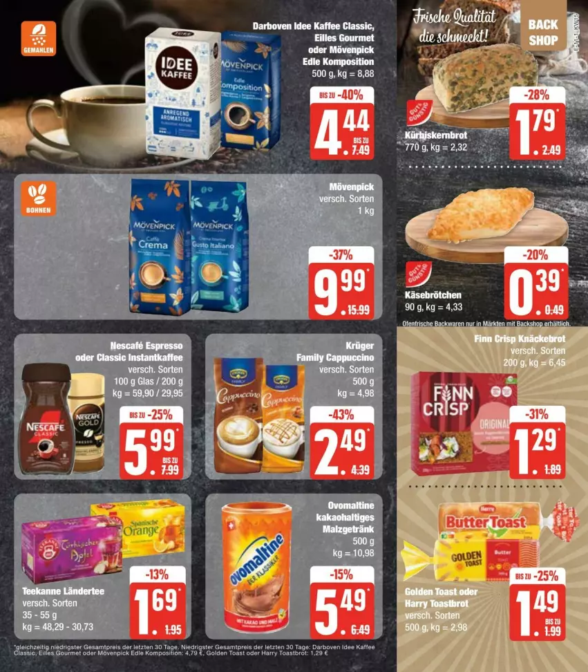 Aktueller Prospekt Edeka - Prospekte - von 06.04 bis 13.04.2024 - strona 15 - produkty: brot, darbo, darboven, eilles gourmet, eis, golden toast, kaffee, mövenpick, reis, Ti, toast, Toastbrot, ZTE