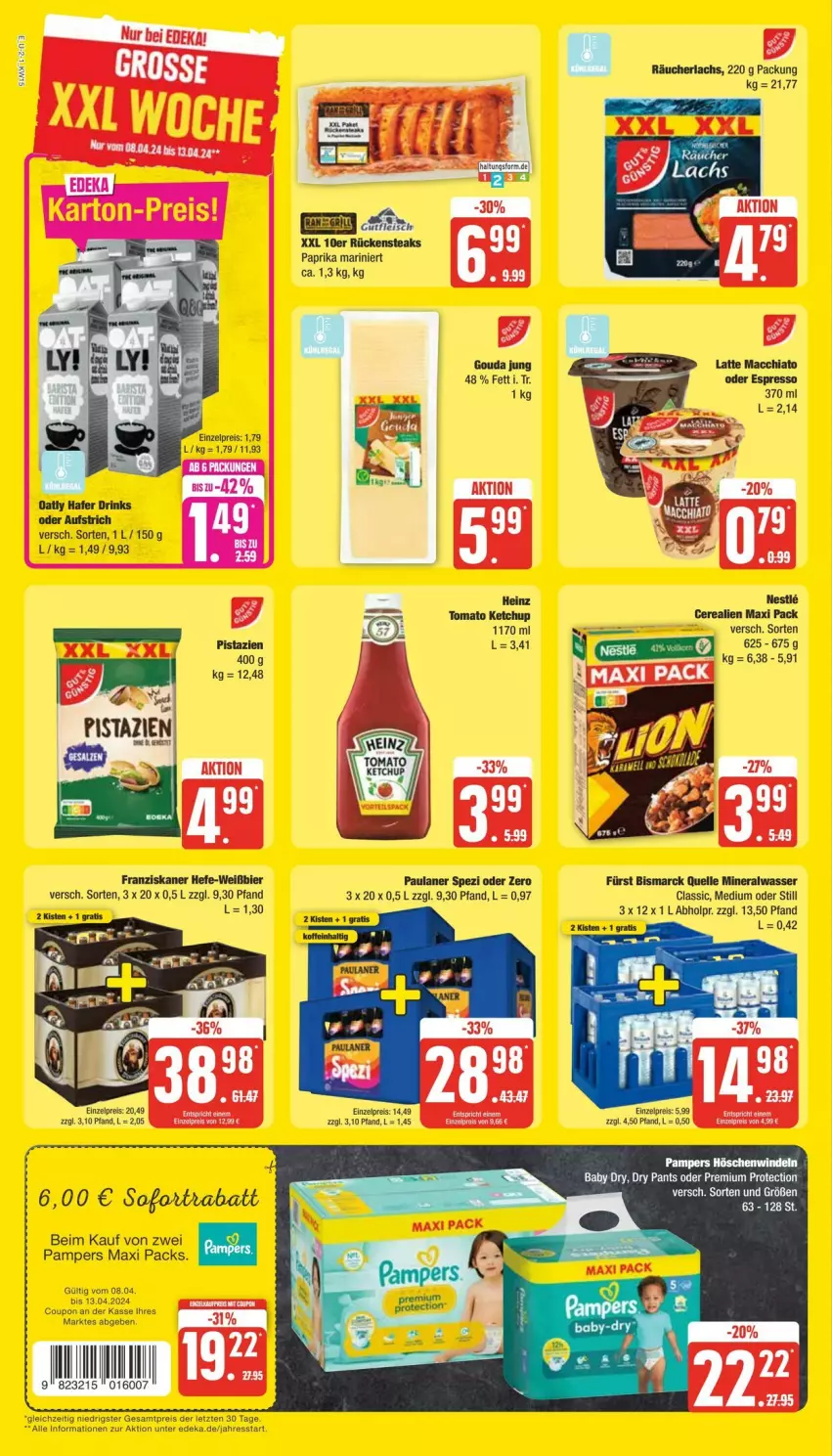 Aktueller Prospekt Edeka - Prospekte - von 06.04 bis 13.04.2024 - strona 2 - produkty: Alwa, aufstrich, bier, bismarck, cerealien, coupon, deka, drink, drinks, eis, elle, franziskaner, gouda, gouda jung, hafer, Hefe, heinz, ketchup, lachs, mineralwasser, Mineralwasser Classic, pampers, Pants, paprika, Paula, paulaner, pistazien, Räucherlachs, reis, Rückensteak, rückensteaks, sofortrabatt, Spezi, steak, steaks, Ti, tomato ketchup, wasser, windeln, ZTE