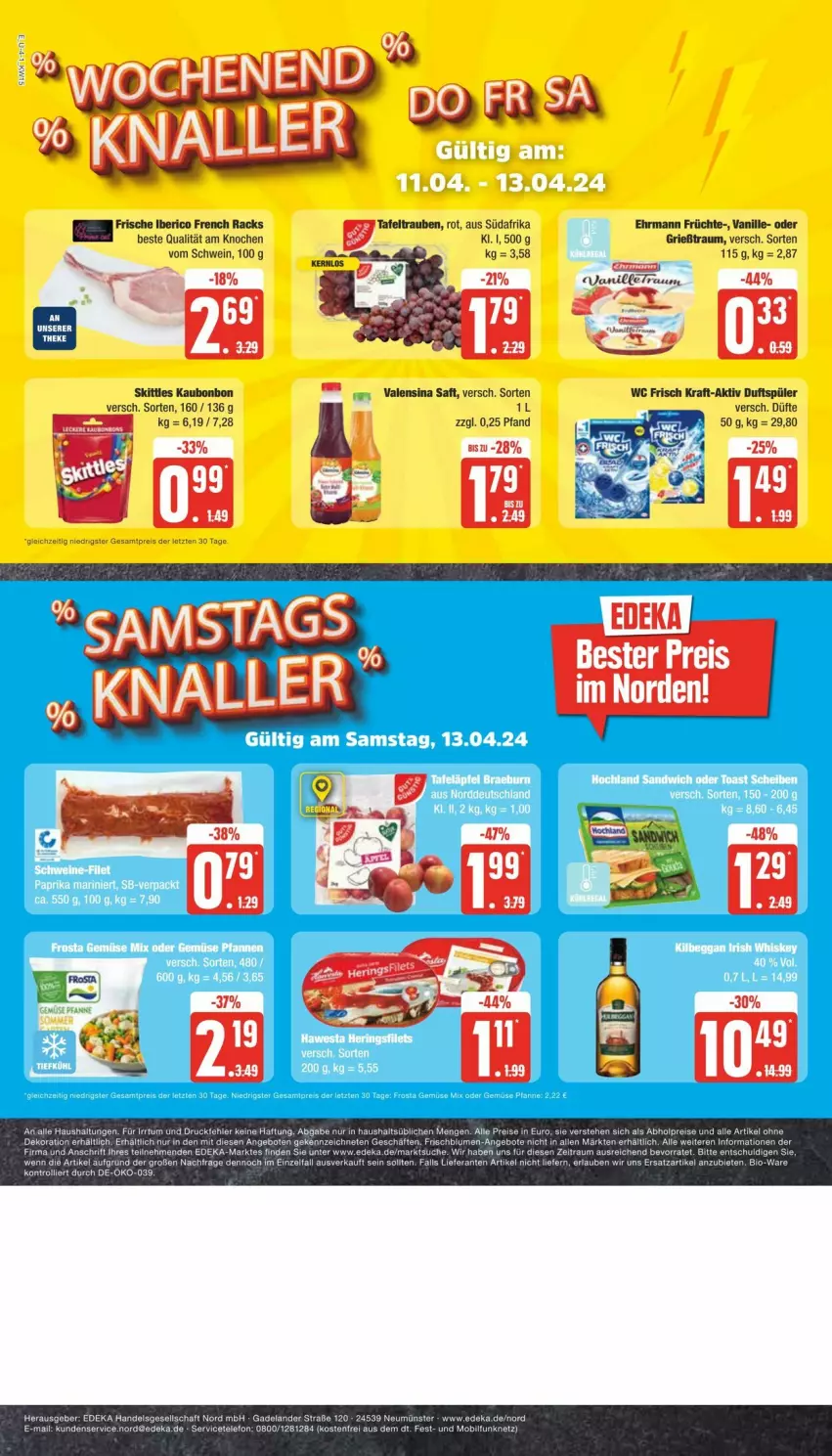 Aktueller Prospekt Edeka - Prospekte - von 06.04 bis 13.04.2024 - strona 4 - produkty: abholpreise, alle artikel ohne dekoration, angebot, angebote, bio, blume, blumen, deka, dekoration, ehrmann, eis, Elan, früchte, Grießtraum, kraft, reis, saft, schwein, skittles, tafeltrauben, telefon, Ti, trauben, valensina, vanille, wein, ZTE