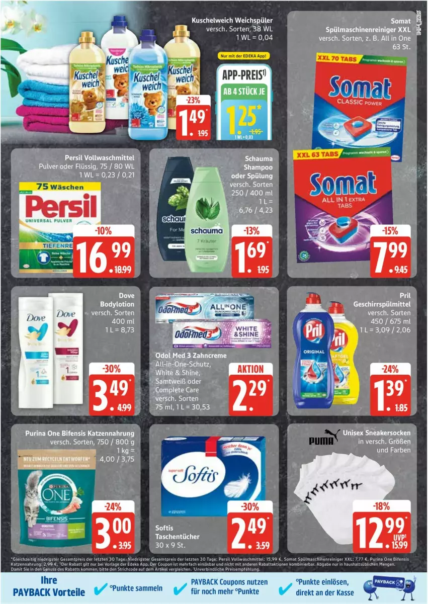 Aktueller Prospekt Edeka - Prospekte - von 23.06 bis 28.06.2025 - strona 17 - produkty: body, bodylotion, coupon, coupons, dove, eis, geschirr, geschirrspülmittel, katzennahrung, Kuschelweich, Lotion, maschinenreiniger, payback, purina, reiniger, sneaker, sneakersocken, socken, somat, spülmaschinen, spülmittel, Tasche, taschen, taschentücher, Ti, tücher, usb, weichspüler
