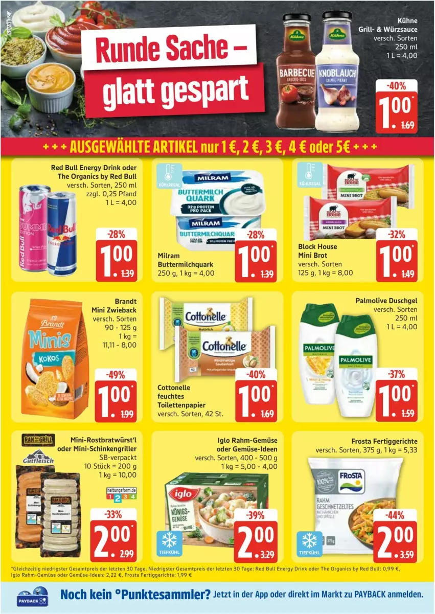 Aktueller Prospekt Edeka - Prospekte - von 23.06 bis 28.06.2025 - strona 2 - produkty: brandt, brot, butter, buttermilch, cottonelle, drink, duschgel, eis, elle, energy drink, fertiggericht, fertiggerichte, feuchtes toilettenpapier, frosta, grill, iglo, LG, milch, milram, olive, palmolive, papier, payback, quark, rahm-gemüse, red bull, reis, sauce, schinken, Schinkengriller, tesa, Ti, toilettenpapier, würzsauce, ZTE