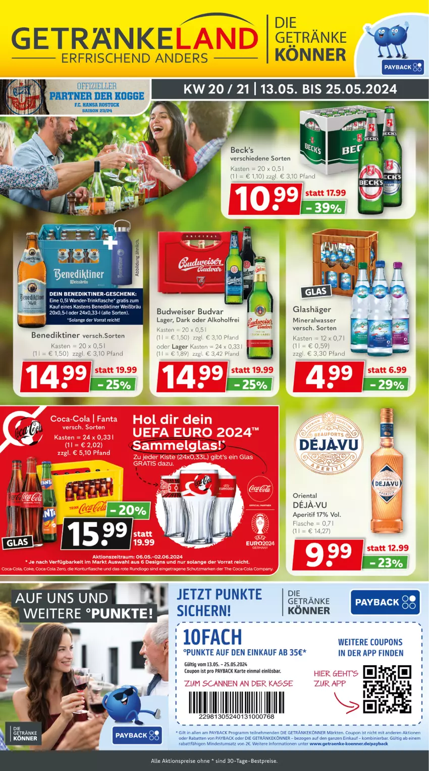 Aktueller Prospekt Getraenkeland - von 13.05 bis 25.05.2024 - strona 1 - produkty: aktionspreis, Alwa, aperitif, beck's, Benediktiner, bestpreis, bestpreise, budweiser, coupon, coupons, eis, elle, flasche, getränk, getränke, mineralwasser, payback, reis, Ti, trinkflasche, wasser, ZTE