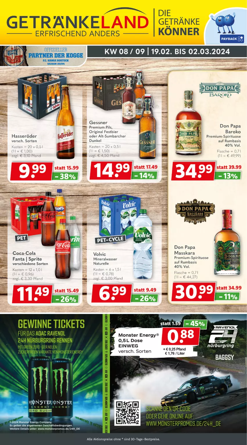 Aktueller Prospekt Getraenkeland - von 19.02 bis 02.03.2024 - strona 1 - produkty: aktionspreis, Alwa, bestpreis, bestpreise, bier, coca-cola, cola, eier, eis, elle, fanta, flasche, Gessner, getränk, getränke, gin, hasseröder, LG, mineralwasser, monster, Monster Energy, natur, payback, pils, premium pils, reis, rel, ring, rum, sprite, Ti, tuc, volvic, wasser